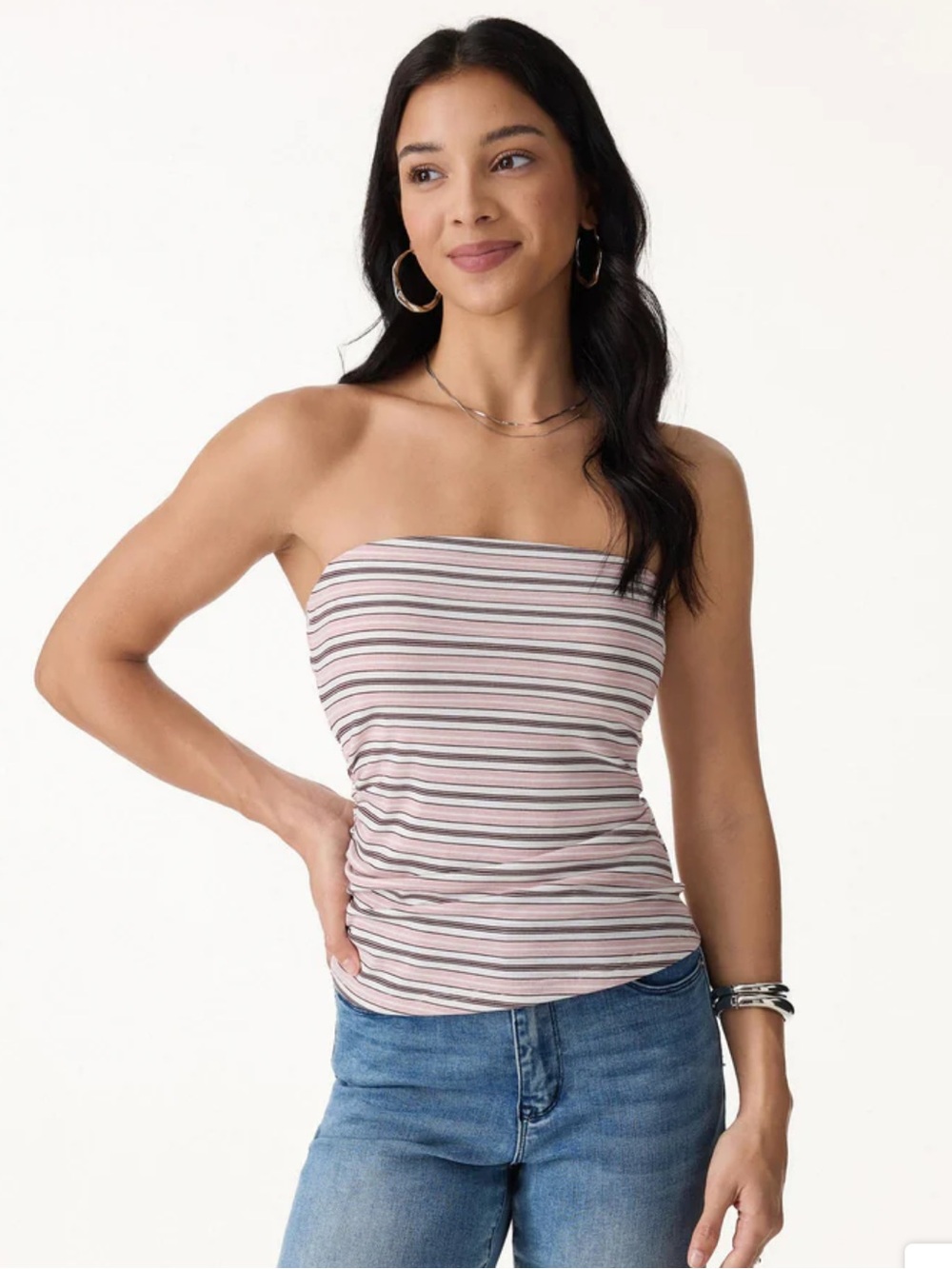 NWT  Strapless Tube Top with Built in Bra in Pink, White & Gray Stripes -OGL